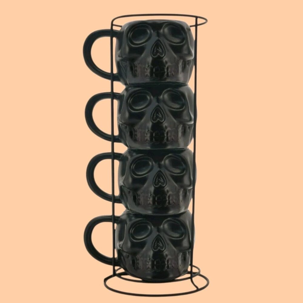 Matte Black Skull Mugs Set of 4 with Stacking Metal Rack Gothic Halloween Decor